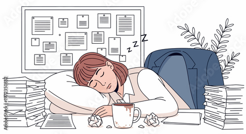 Woman sleeps on a pile of papers at office desk with coffee and backpack nearby on a busy day