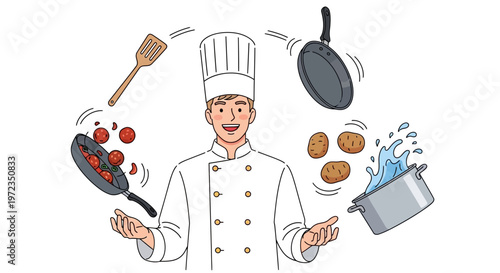 Chef skillfully juggles kitchen utensils and food in a lively cooking scene with Whisk, pots, pans, and ingredients.