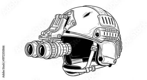 A futuristic soldier wears a helmet with night vision goggles attached.