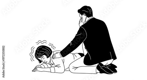 Man helping woman lying on ground with head in hands in city