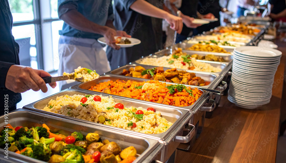 Naklejka premium Buffet line with stainless trays of pasta, vegetables, salads, stack of plates, people serving—evoking communal dining, abundance, and social interaction around food.