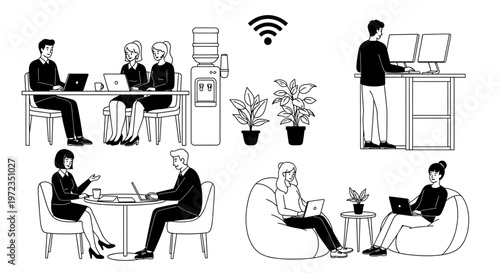 Office workers collaborate and work remotely with laptops in a modern workspace with WiFi