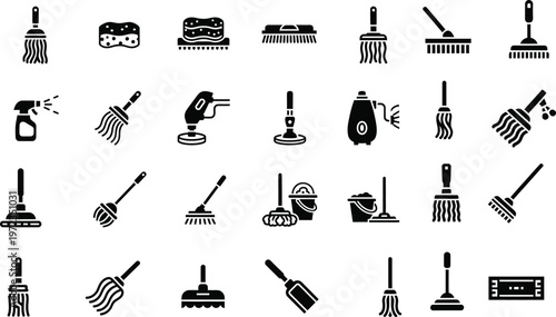 Cleaning tools and supplies vector icons set for household chores and maintenance with icon set