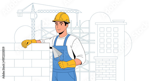 A construction worker builds a brick wall outdoors with a trowel.