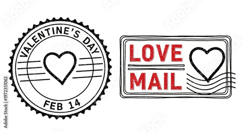 Valentine's Day love mail stamps feature heart designs and text on white background