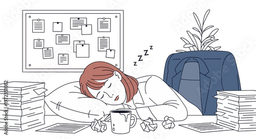 Woman falls asleep at office desk with coffee cup and papers around her