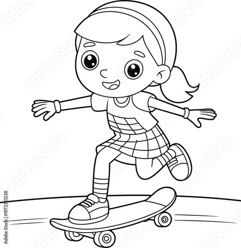 Happy young girl riding skateboard outdoor coloring book page for kids cad drawing flat vector illustration isolated on white background