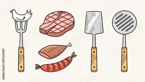 Flat icons of meat cuts grill tools and vegetables for barbecue and cooking designs
