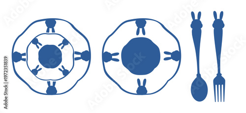 Blue bunny plate and cutlery silhouette cute rabbit tableware illustration design