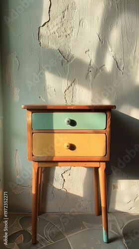 Minimal pastel nightstand against sunlit wall, conveying cozy interior design, simplicity, calm atmosphere, home decor, minimalism, serenity.