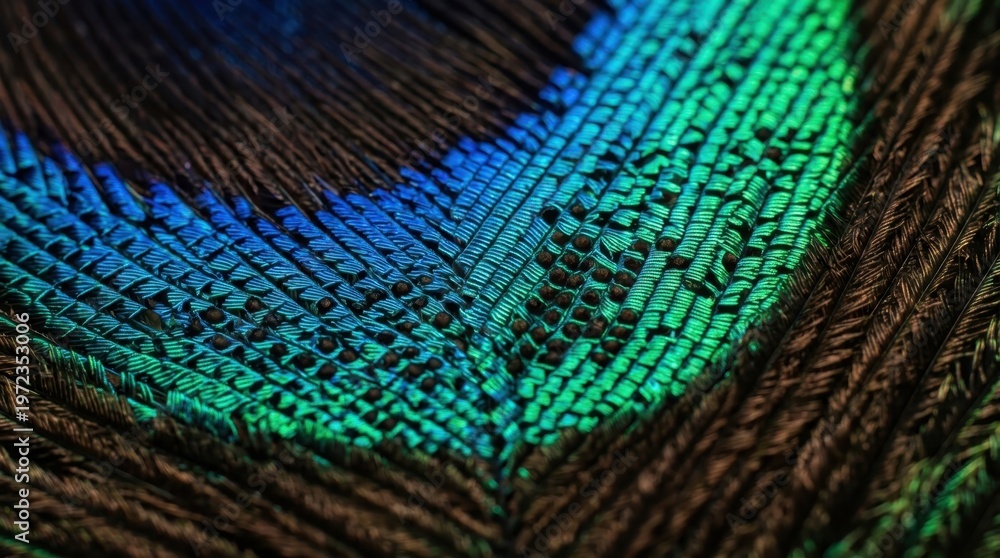 Obraz premium An extreme macro of a peacock feather eye detail showing the nanostructure responsible for its iridescent color, the barbule branches creating a two-dimensional photonic crystal
