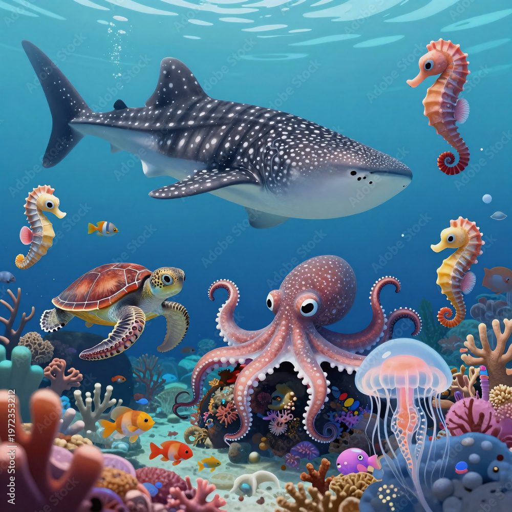 Fototapeta premium Pastel Art Sea Kid. Whimsical Cartoon Underwater Scene Featuring Cute Ocean Animals Like Whale Sharks, Turtles, Octopuses, Jellyfish, Seahorses, And Vibrant Coral