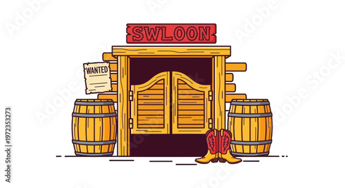 Wild West Saloon Entrance with Wanted Poster, Barrels, and Cowboy Boots