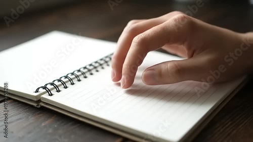 Hand on a spiral notebook page.