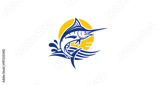 Marlin Jumping Out of Water with Sun and Waves - Sport Fishing Icon