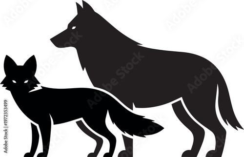 Silhouette of a wolf and a fox standing side by side
