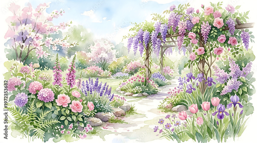 Obraz premium Watercolor style garden pathway with wisteria, roses, and blooming flower clusters