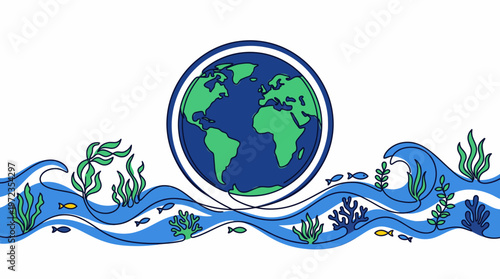 The Earth surrounded by wavy blue ocean water with seaweed and fish swimming around it.