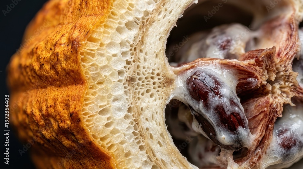 Naklejka premium A macro cross-section of a tropical cacao pod wall showing its botanical anatomy, the thick orange-yellow outer exocarp with its ribbed surface texture, the spongy white mesocarp