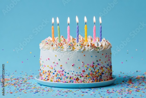 Festive Birthday Cake with Colorful Sprinkles and Lit Candles.
