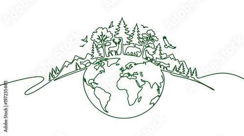 The Earth showcases a lush forest landscape with trees and mountains rising above it.