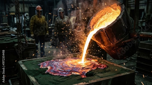 A river of liquid copper pours from a foundry crucible into a sand casting mold, the metal surface alive with convection patterns and oxidation colors shifting from white-yellow at