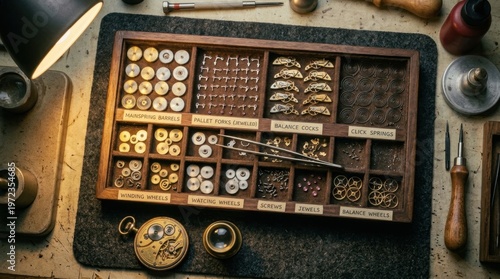 A precision overhead flat lay of a traditional watchmaker's spare parts tray, dozens of miniature mainspring barrels, jeweled pallets, balance cocks and click springs arranged by