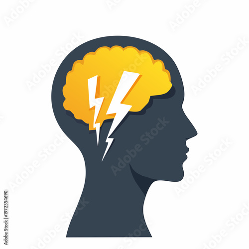 Stylized graphic of a human head silhouette with a bright yellow brain and lightning bolts. mental health concept