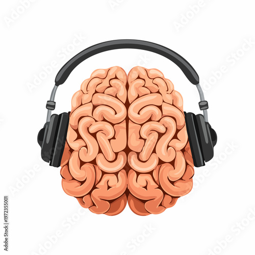 Human brain wearing headphones, concept of listening to music for brain health and mental stimulation. mental health con