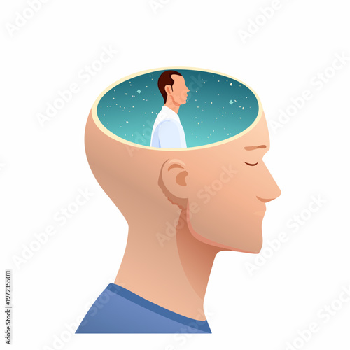 Profile of a man's head with a starry night sky and figure contemplating within his mind. mental health concept