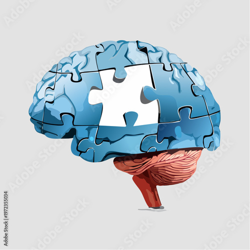 Human brain depicted as a jigsaw puzzle with one piece missing, symbolizing cognitive challenges or completion. mental