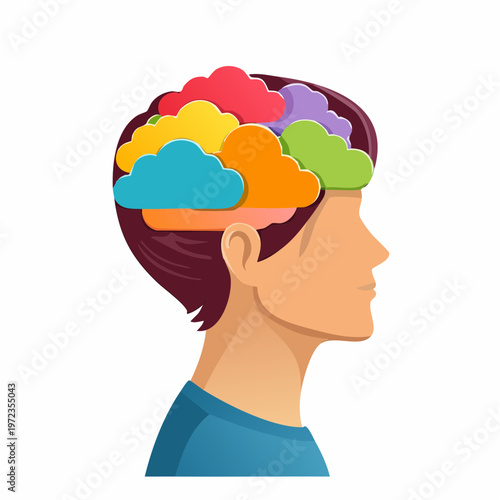 Profile of a man's head filled with colorful clouds. mental health concept with inner world mental state