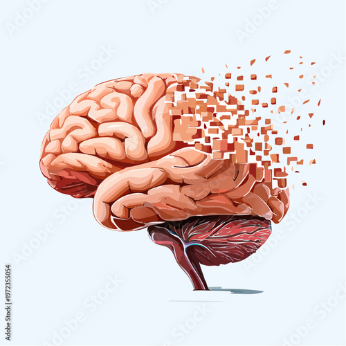 Human brain dissolving into pixels, representing mental health issues or cognitive decline. mental health concept