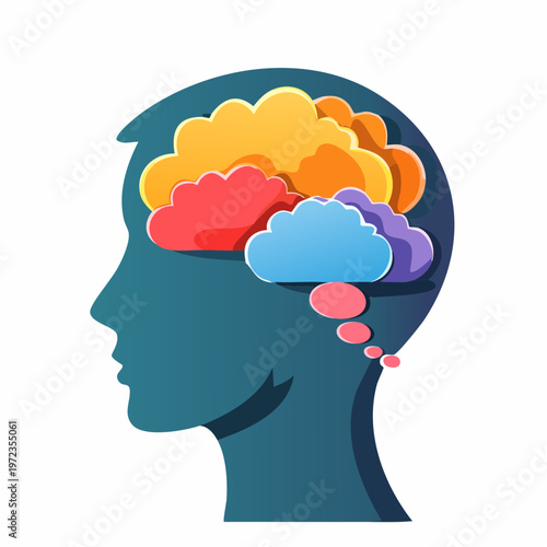 Silhouette of a man's head with colorful thought clouds and bubbles. mental health concept with inner world
