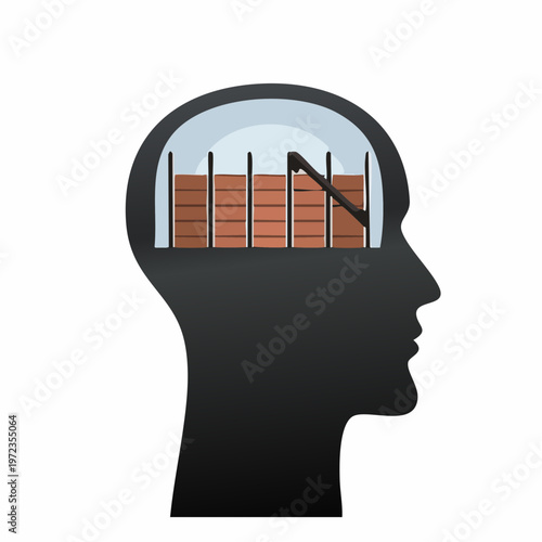 Silhouette of a human head with a jail cell inside, representing being trapped in one's own mind or thoughts. mental hea