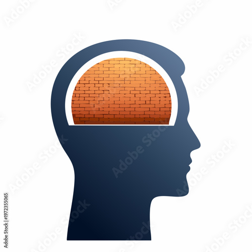 Human head profile filled with a brick wall, symbolizing a mental block or closed off mindset. mental health concept