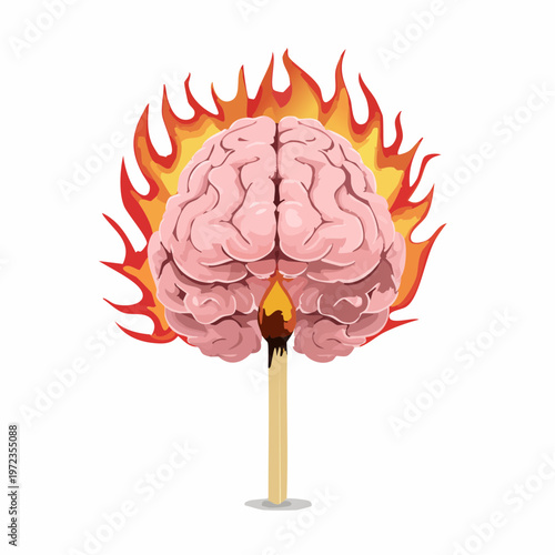 Human brain on fire, lit by a match, symbolizing burnout or extreme stress. mental health concept