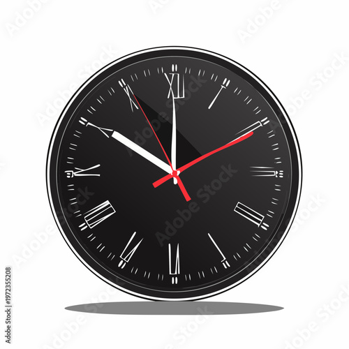 Elegant black wall clock with roman numerals and red second hand, depicting time measurement.mental health concept