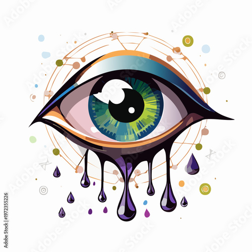 Stylized eye crying colorful dripping tears with abstract background elements, representing emotion and sorrow.mental