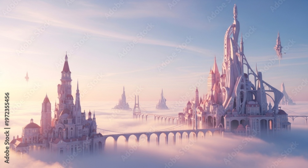 Naklejka premium Fantasy castle floating above clouds in a dreamy ethereal landscape scene