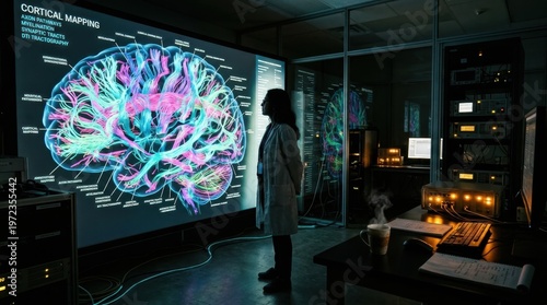 A neuroscience laboratory at night, a researcher silhouetted against a wall-sized brain atlas display showing cortical mapping in vivid false color, hundreds of neural pathway