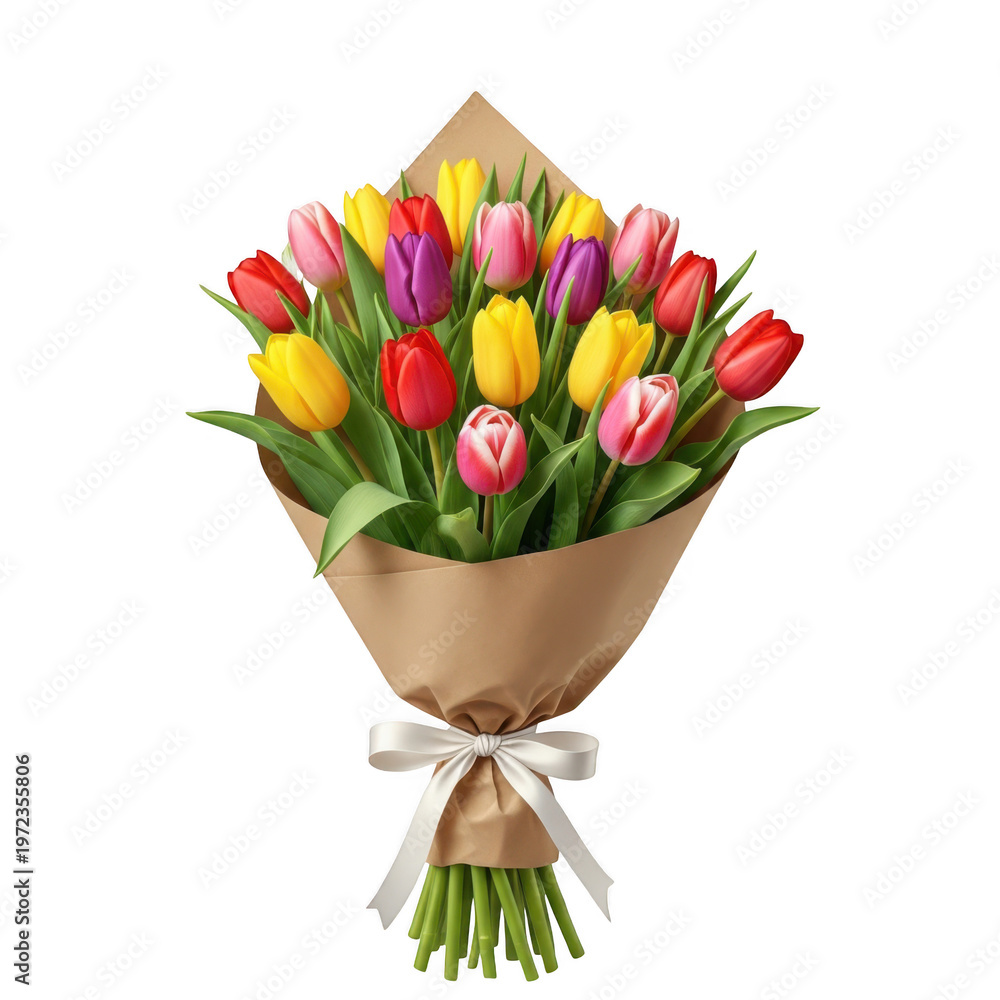 Obraz premium A beautiful bouquet of vibrant tulips in various colors wrapped in brown paper isolated on transparent background