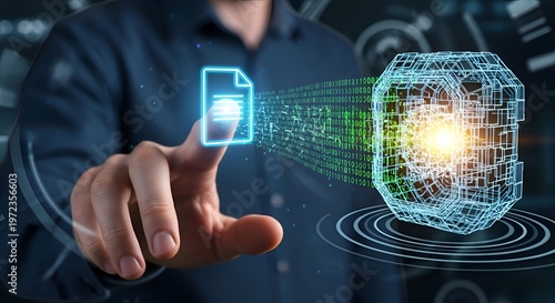 Business professional touching digital smart home icon with futuristic technology and glowing data hologram for innovation and connectivity