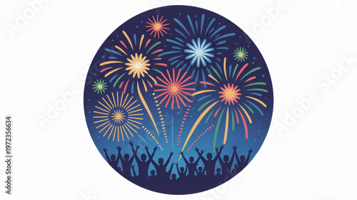 A vibrant illustration of fireworks exploding in a night sky with silhouetted people celebrating