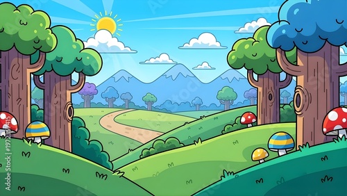 Colorful Cartoon Forest Landscape with Trees, Mushrooms, and Pathway