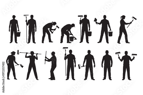 House Painter Silhouettes, Professional Decorator Vector Set with Tools