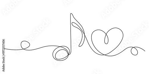 Continuous line music note. Musical symbol in one linear minimalist style. Trendy abstract wave melody. Vector outline sketch of sound. Illustration musical graphic contour, minimalistic note outline