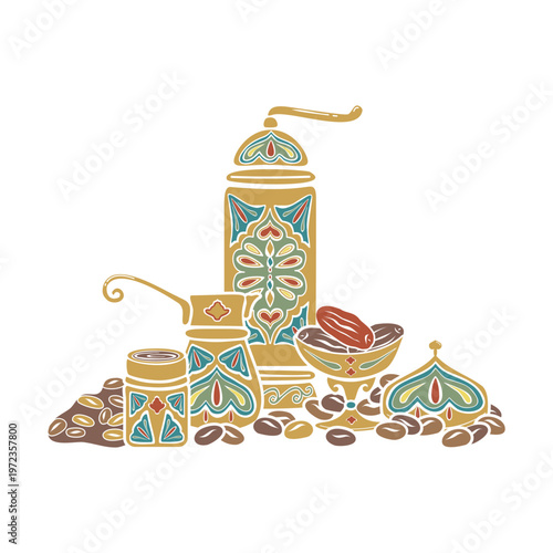 Turkish coffee cezve grinder, dried dates, roasted beans Arabica. Hand drawn vector illustration flat For cookbooks designs magazines oriental coffee houses and dishware, postcards banners clip arts.