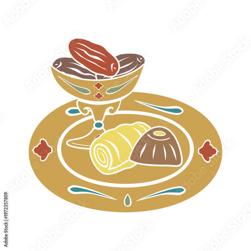 Turkish traditional dessert on plate for coffee, dried dates. Hand drawn vector illustration flat. For cookbooks designs magazines oriental coffee houses and dishware, postcards banners clip arts.