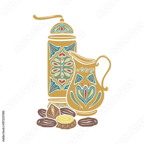 Turkish coffee grinder with jar, dates dessert. Hand drawn vector illustration isolated. For cookbooks designs, magazines, oriental coffee houses and dishware, holidays, postcards banners clip arts.